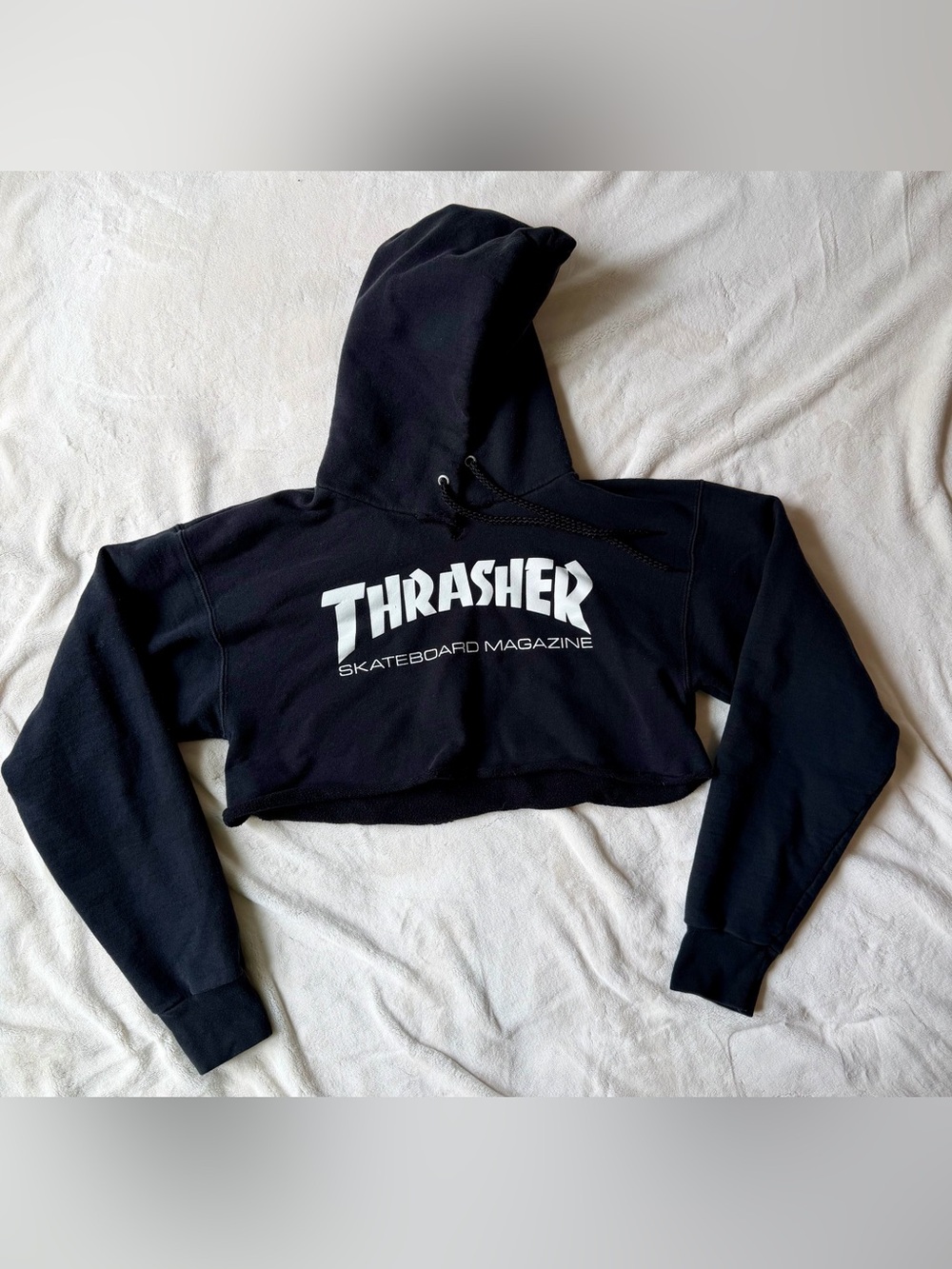 Thrasher Black Cropped Off-Shoulder Hoodie